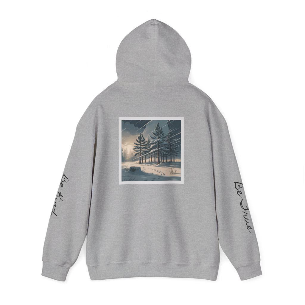 'Joyful' Winter Thick Hoodie — Scenic Pine Forest Graphic Hoodie with 'joyful' Script & Sleeve Mantras/Affirmations ('Be Kind', 'Be True')