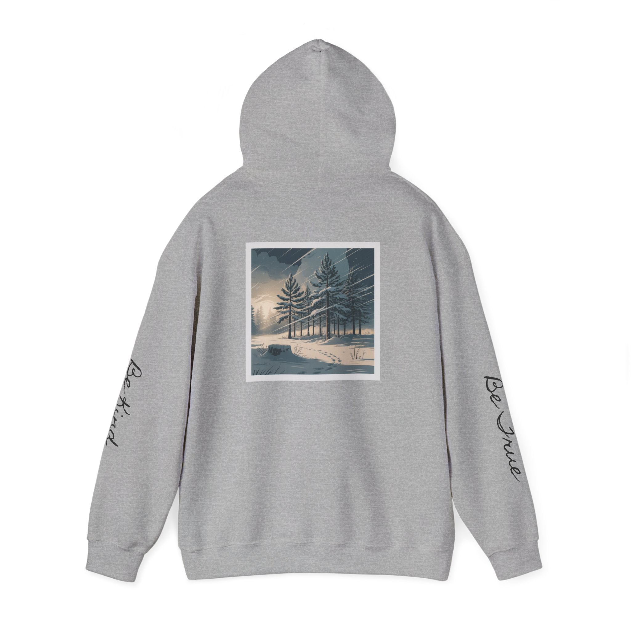 'Joyful' Winter Thick Hoodie — Scenic Pine Forest Graphic Hoodie with 'joyful' Script & Sleeve Mantras/Affirmations ('Be Kind', 'Be True')
