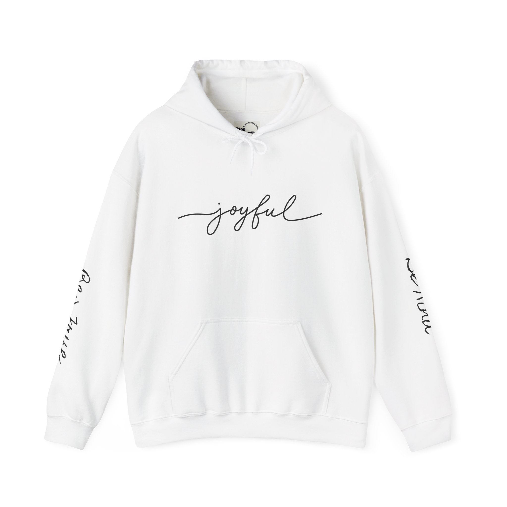 'Joyful' Winter Thick Hoodie — Scenic Pine Forest Graphic Hoodie with 'joyful' Script & Sleeve Mantras/Affirmations ('Be Kind', 'Be True')