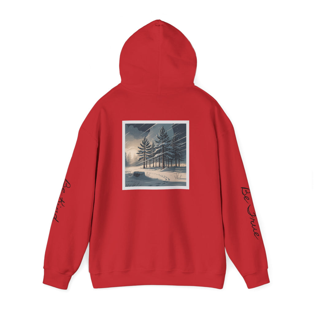 'Joyful' Winter Thick Hoodie — Scenic Pine Forest Graphic Hoodie with 'joyful' Script & Sleeve Mantras/Affirmations ('Be Kind', 'Be True')