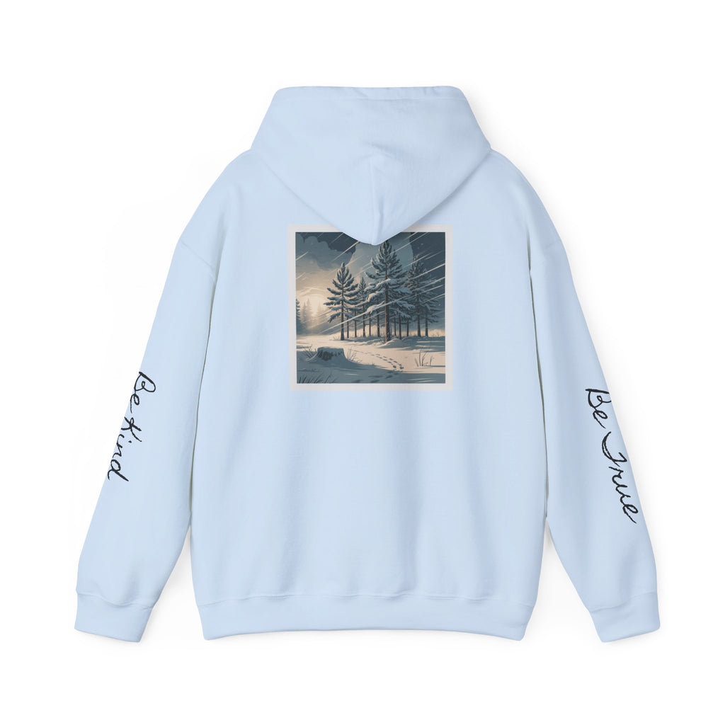 'Joyful' Winter Thick Hoodie — Scenic Pine Forest Graphic Hoodie with 'joyful' Script & Sleeve Mantras/Affirmations ('Be Kind', 'Be True')