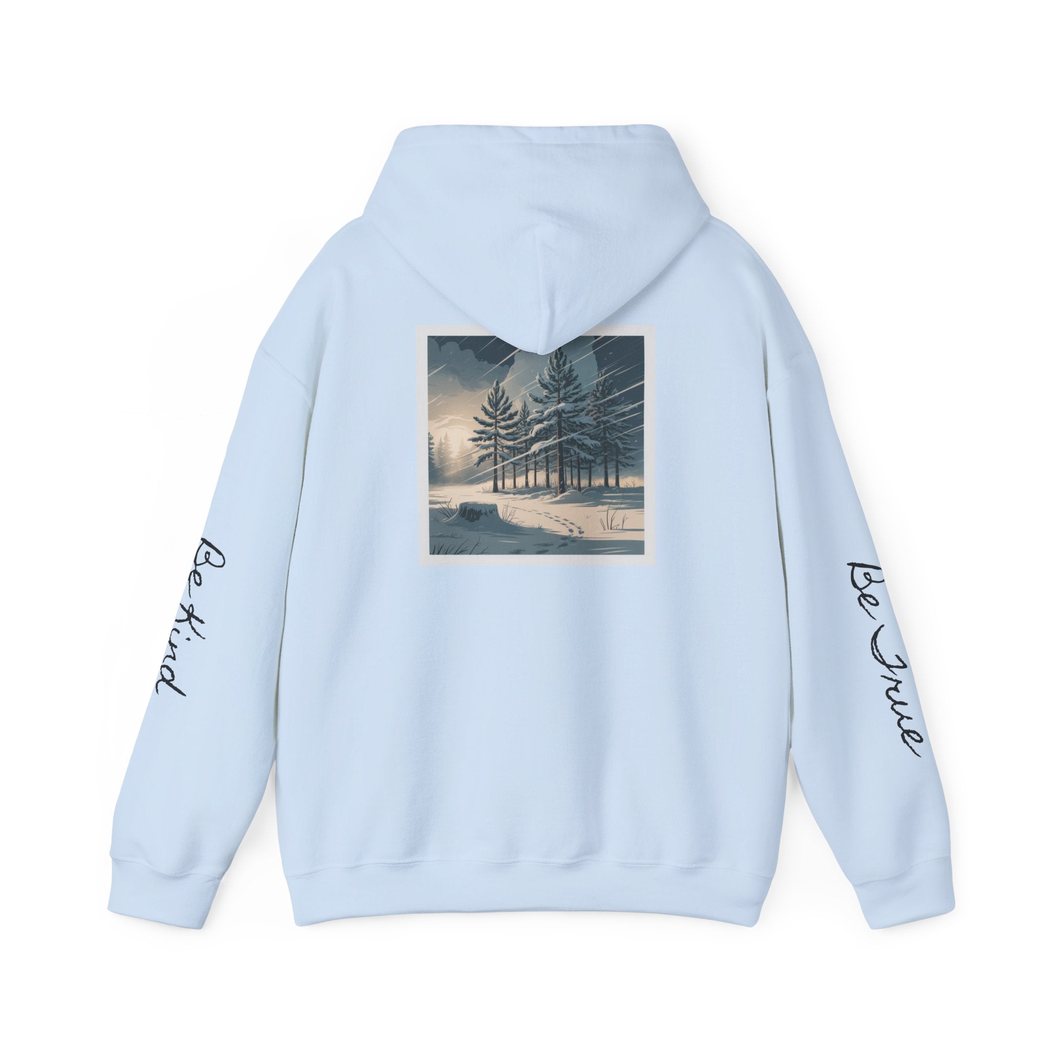 'Joyful' Winter Thick Hoodie — Scenic Pine Forest Graphic Hoodie with 'joyful' Script & Sleeve Mantras/Affirmations ('Be Kind', 'Be True')