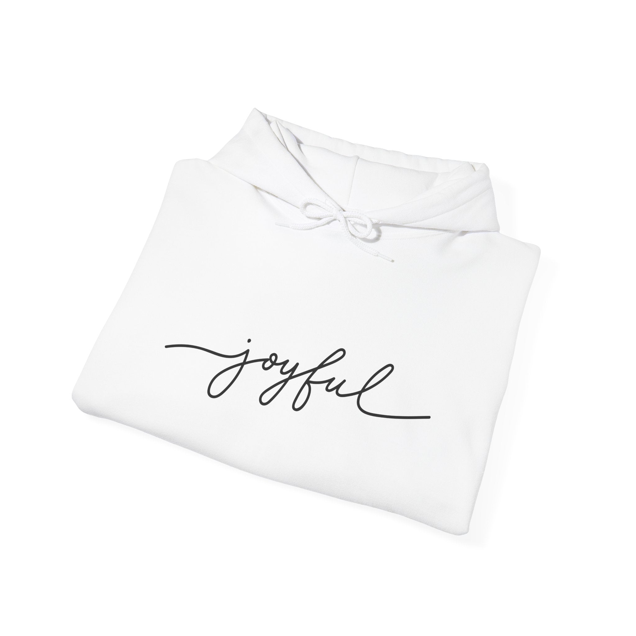 'Joyful' Winter Thick Hoodie — Scenic Pine Forest Graphic Hoodie with 'joyful' Script & Sleeve Mantras/Affirmations ('Be Kind', 'Be True')