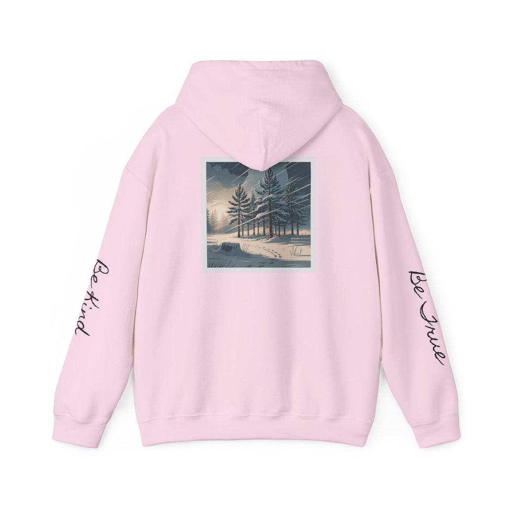 'Joyful' Winter Thick Hoodie — Scenic Pine Forest Graphic Hoodie with 'joyful' Script & Sleeve Mantras/Affirmations ('Be Kind', 'Be True')