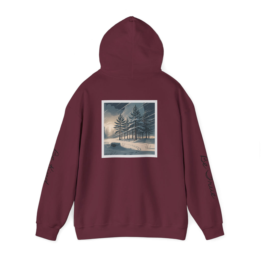 'Joyful' Winter Thick Hoodie — Scenic Pine Forest Graphic Hoodie with 'joyful' Script & Sleeve Mantras/Affirmations ('Be Kind', 'Be True')