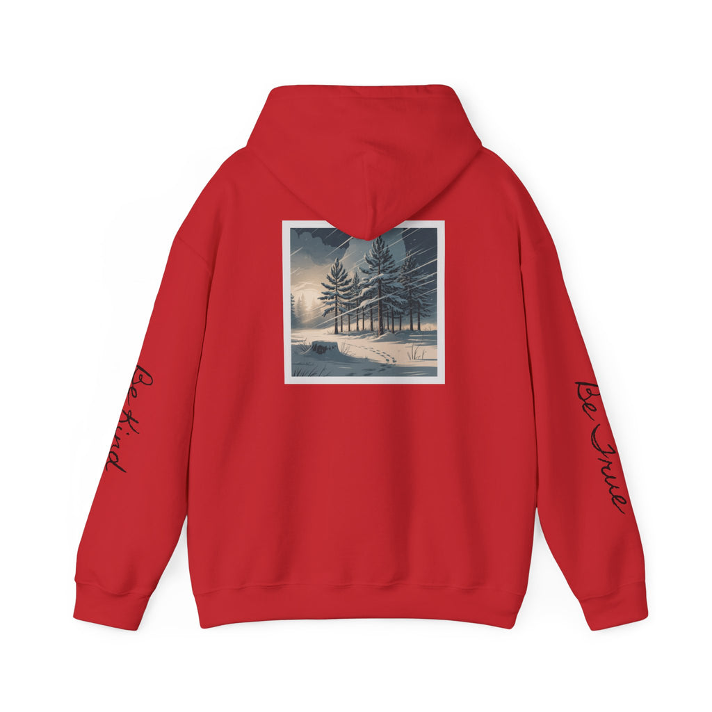 'Joyful' Winter Thick Hoodie — Scenic Pine Forest Graphic Hoodie with 'joyful' Script & Sleeve Mantras/Affirmations ('Be Kind', 'Be True')