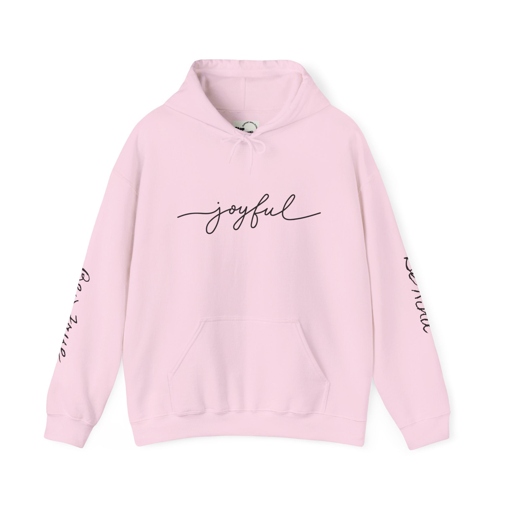 'Joyful' Winter Thick Hoodie — Scenic Pine Forest Graphic Hoodie with 'joyful' Script & Sleeve Mantras/Affirmations ('Be Kind', 'Be True')