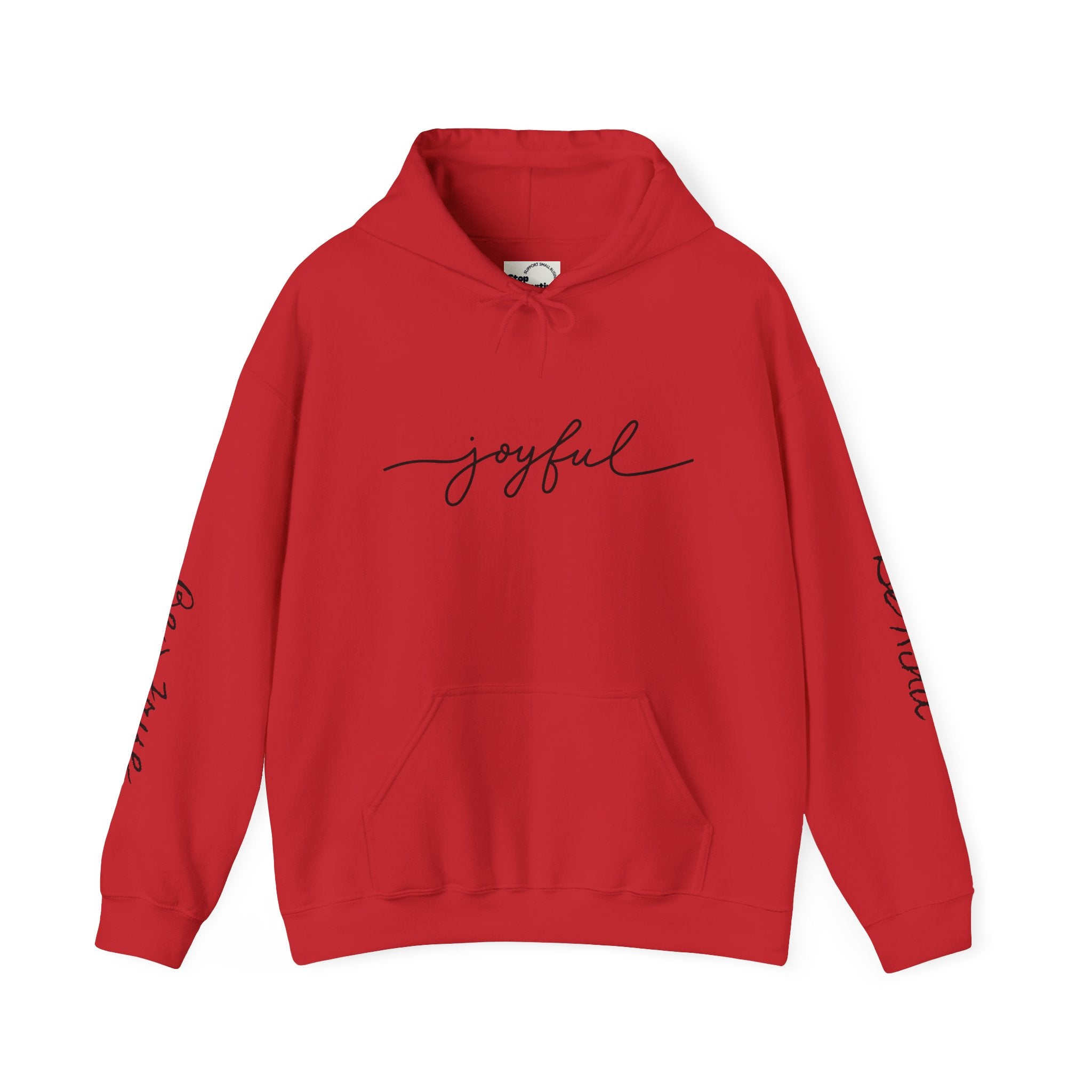'Joyful' Winter Thick Hoodie — Scenic Pine Forest Graphic Hoodie with 'joyful' Script & Sleeve Mantras/Affirmations ('Be Kind', 'Be True')