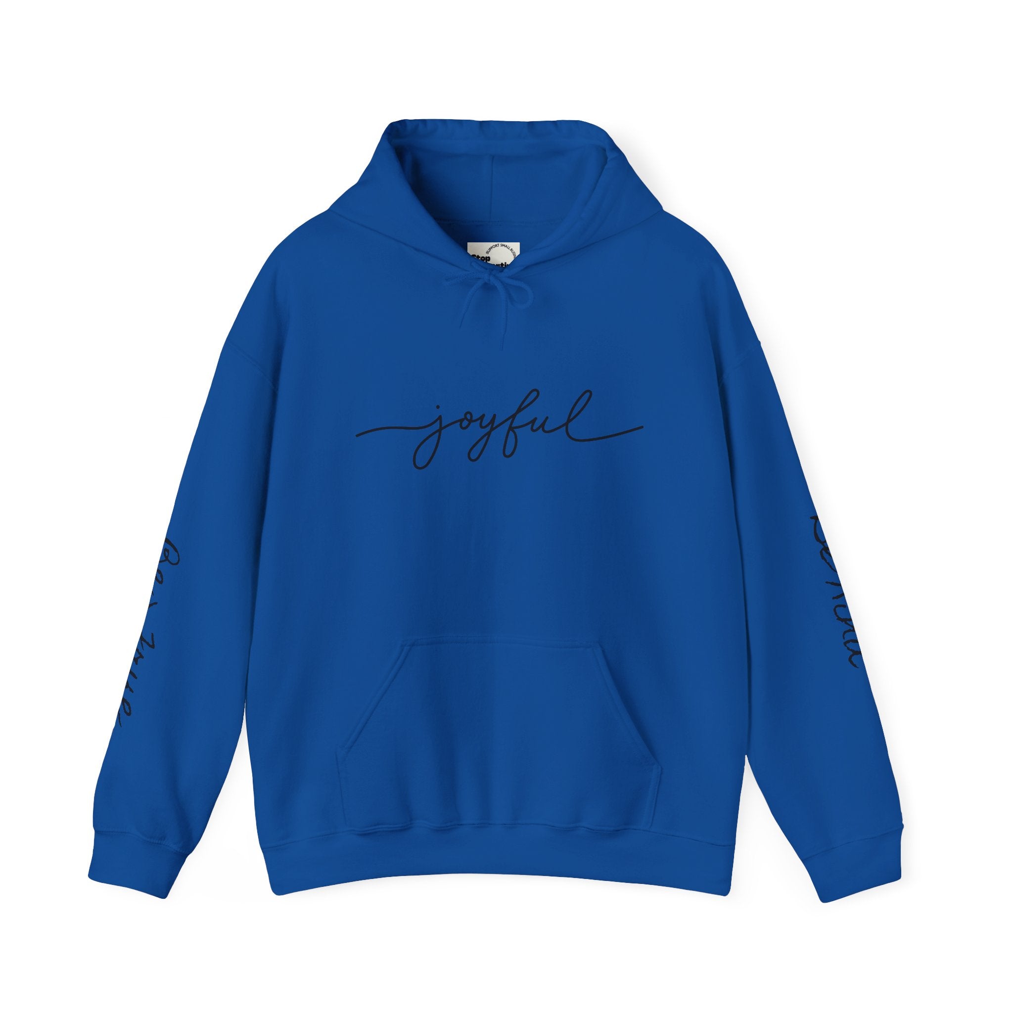'Joyful' Winter Thick Hoodie — Scenic Pine Forest Graphic Hoodie with 'joyful' Script & Sleeve Mantras/Affirmations ('Be Kind', 'Be True')
