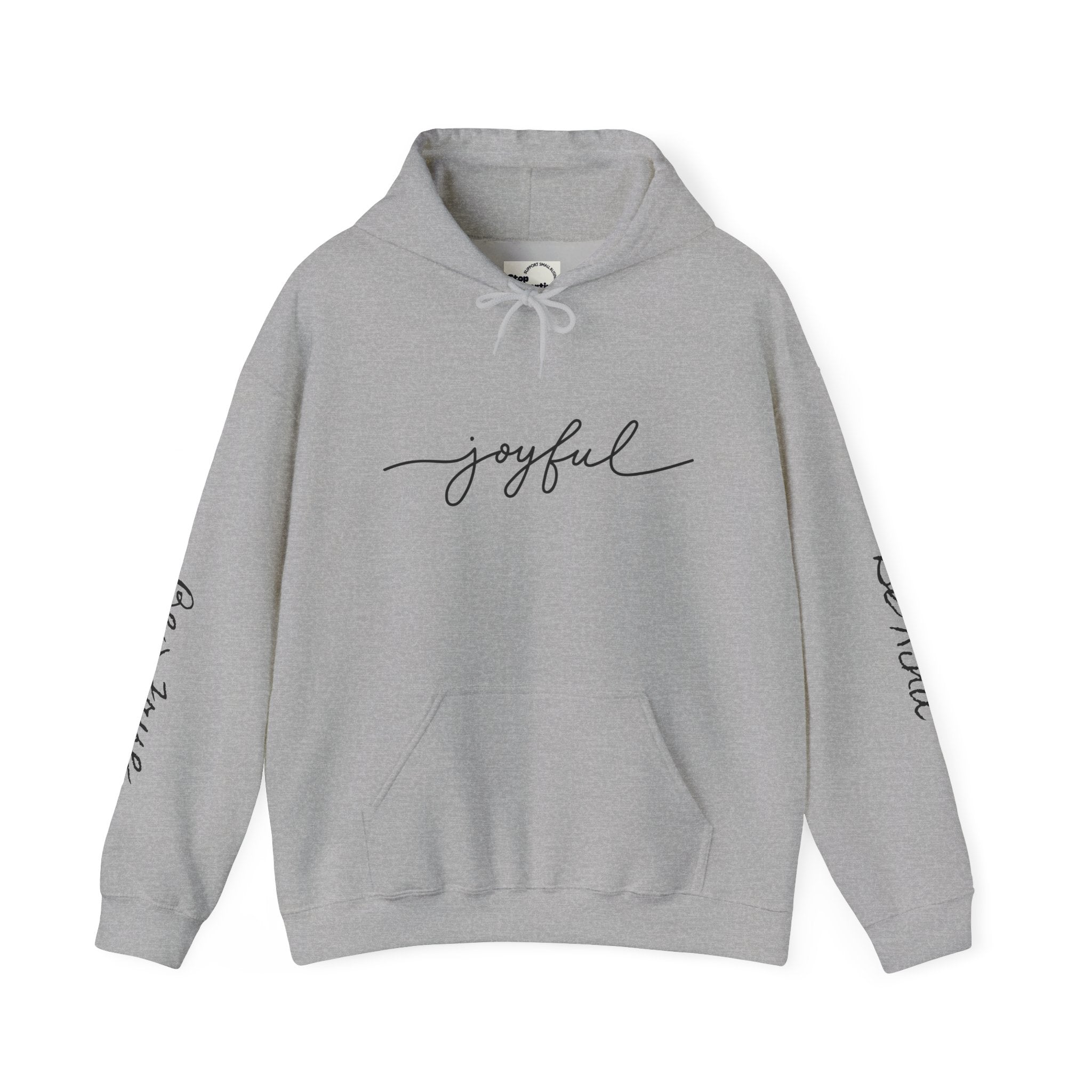 'Joyful' Winter Thick Hoodie — Scenic Pine Forest Graphic Hoodie with 'joyful' Script & Sleeve Mantras/Affirmations ('Be Kind', 'Be True')