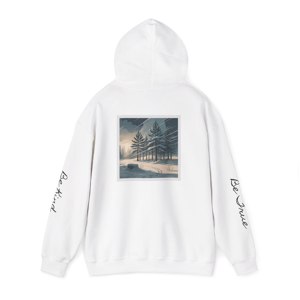 'Joyful' Winter Thick Hoodie — Scenic Pine Forest Graphic Hoodie with 'joyful' Script & Sleeve Mantras/Affirmations ('Be Kind', 'Be True')