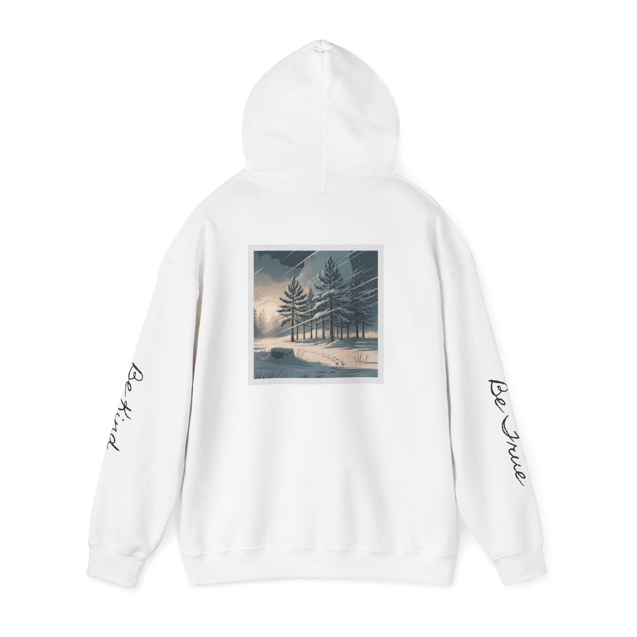 'Joyful' Winter Thick Hoodie — Scenic Pine Forest Graphic Hoodie with 'joyful' Script & Sleeve Mantras/Affirmations ('Be Kind', 'Be True')