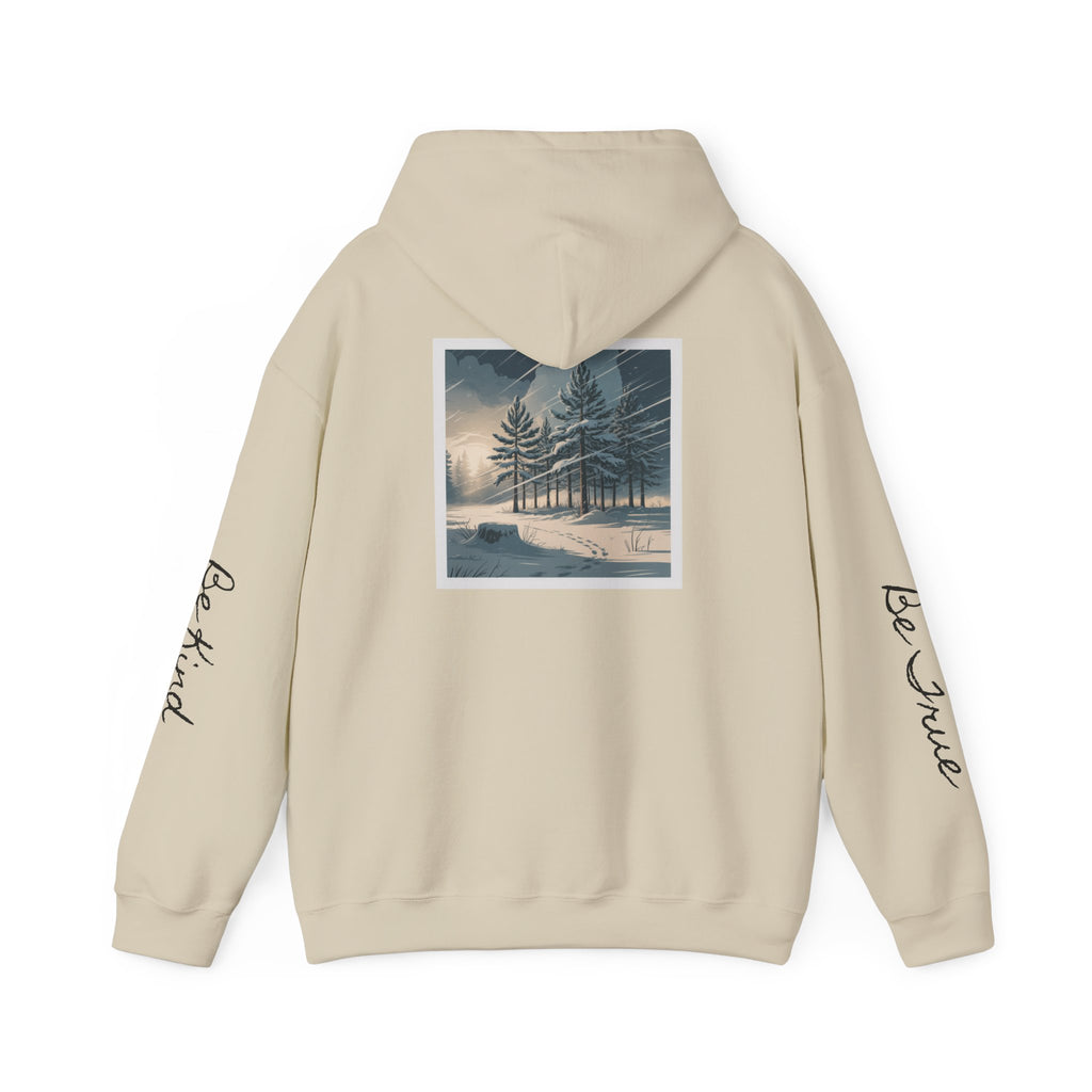 'Joyful' Winter Thick Hoodie — Scenic Pine Forest Graphic Hoodie with 'joyful' Script & Sleeve Mantras/Affirmations ('Be Kind', 'Be True')