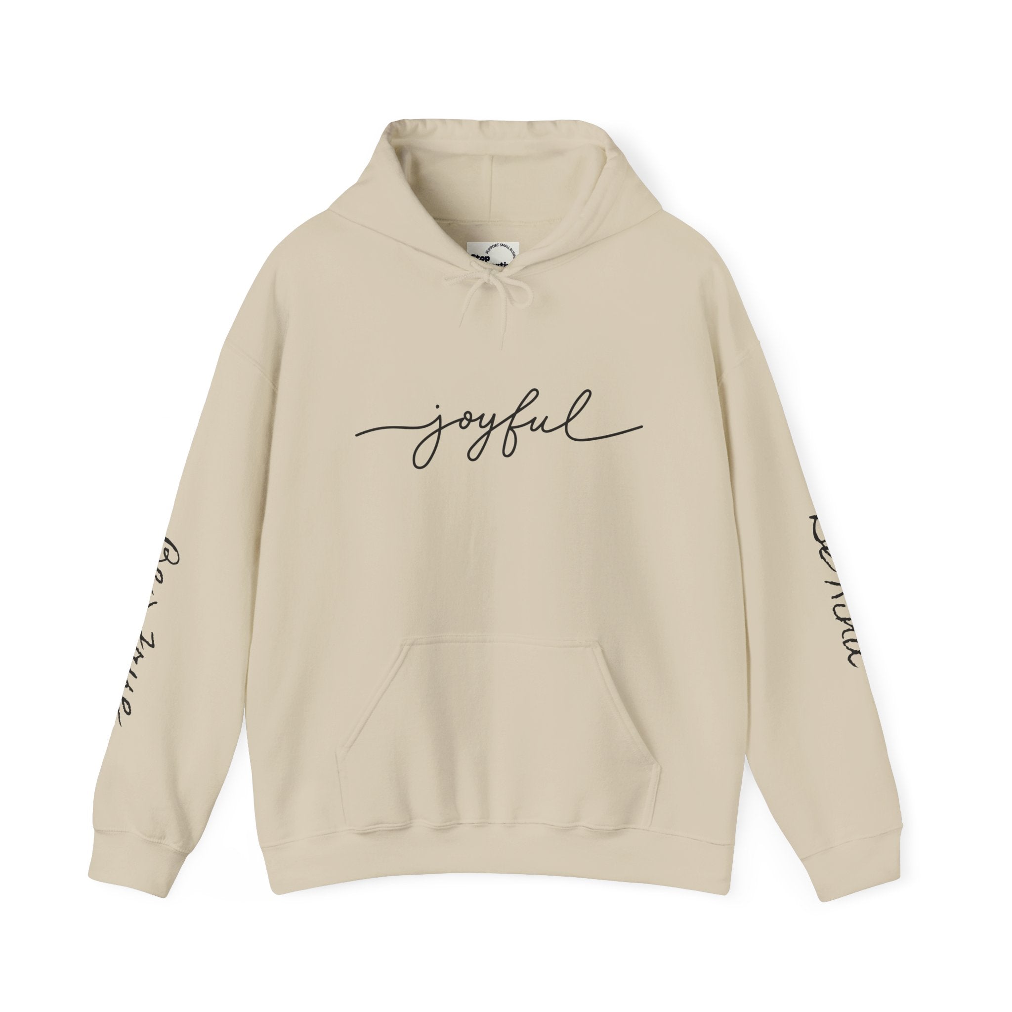 'Joyful' Winter Thick Hoodie — Scenic Pine Forest Graphic Hoodie with 'joyful' Script & Sleeve Mantras/Affirmations ('Be Kind', 'Be True')