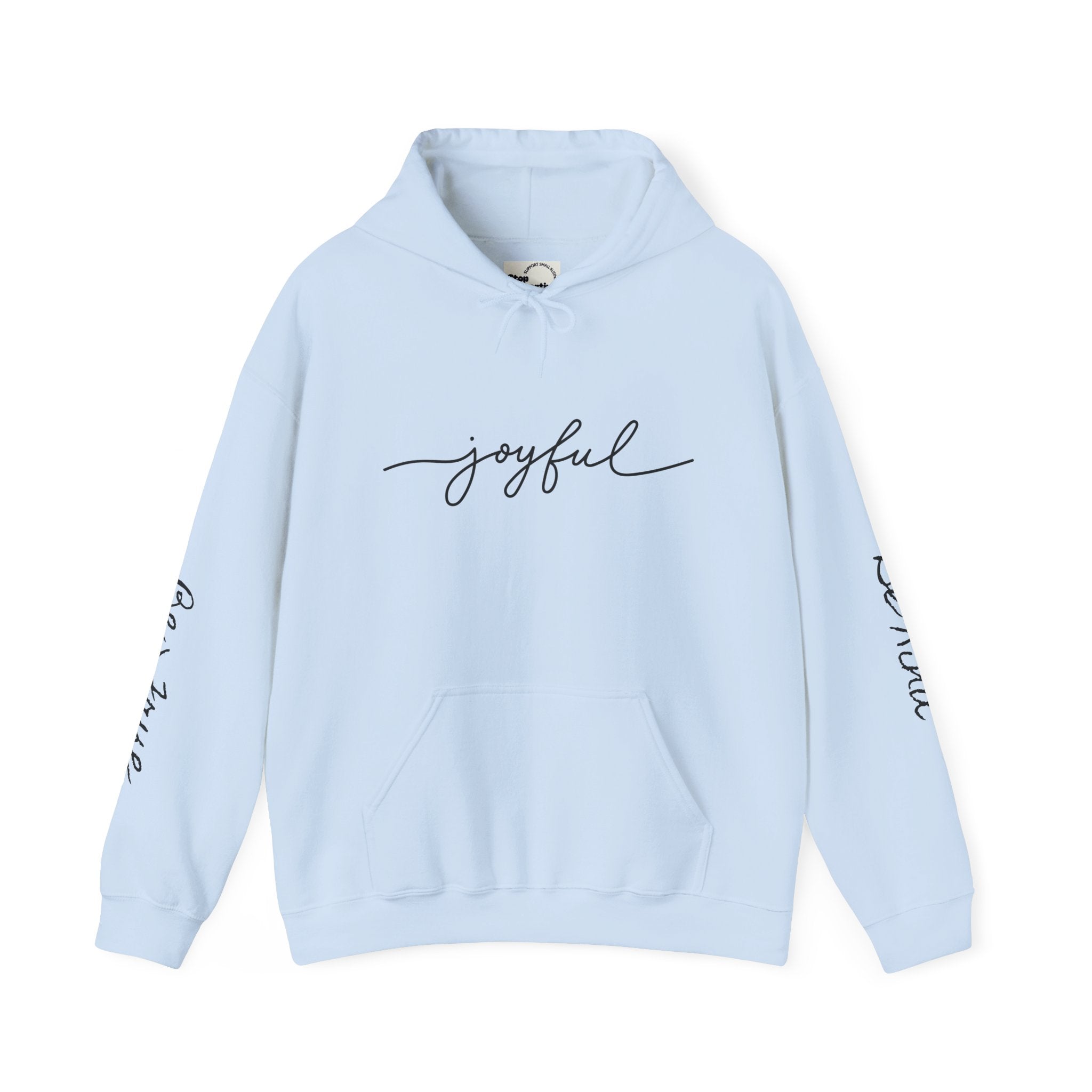 'Joyful' Winter Thick Hoodie — Scenic Pine Forest Graphic Hoodie with 'joyful' Script & Sleeve Mantras/Affirmations ('Be Kind', 'Be True')