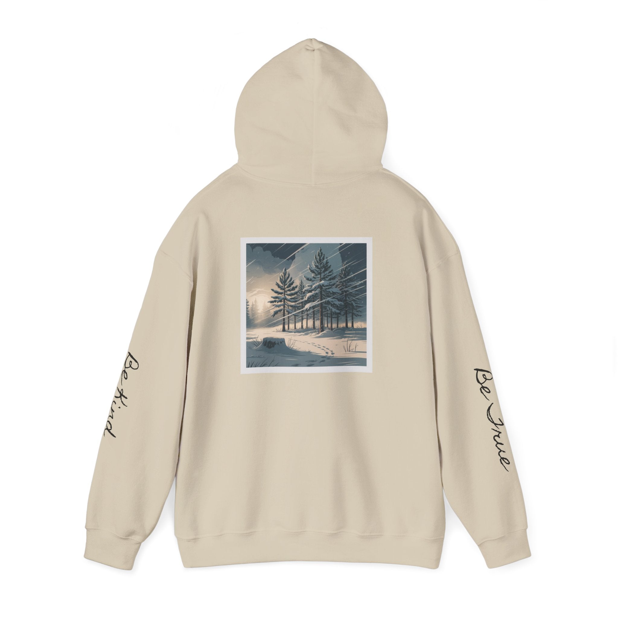 'Joyful' Winter Thick Hoodie — Scenic Pine Forest Graphic Hoodie with 'joyful' Script & Sleeve Mantras/Affirmations ('Be Kind', 'Be True')