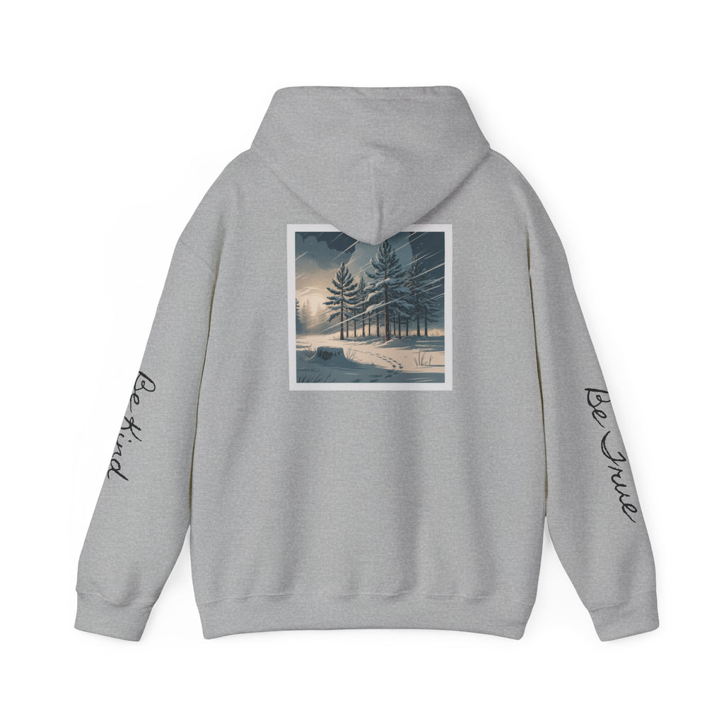 'Joyful' Winter Thick Hoodie — Scenic Pine Forest Graphic Hoodie with 'joyful' Script & Sleeve Mantras/Affirmations ('Be Kind', 'Be True')