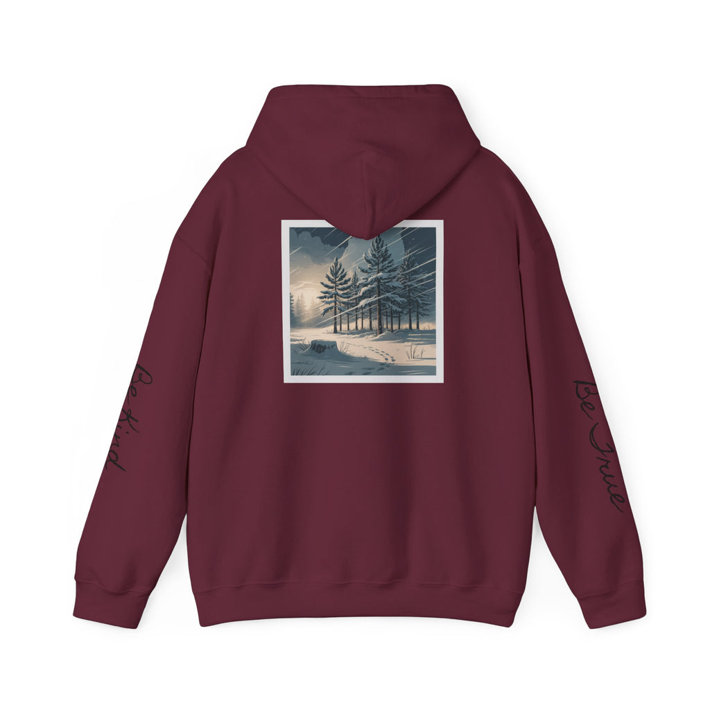 'Joyful' Winter Thick Hoodie — Scenic Pine Forest Graphic Hoodie with 'joyful' Script & Sleeve Mantras/Affirmations ('Be Kind', 'Be True')