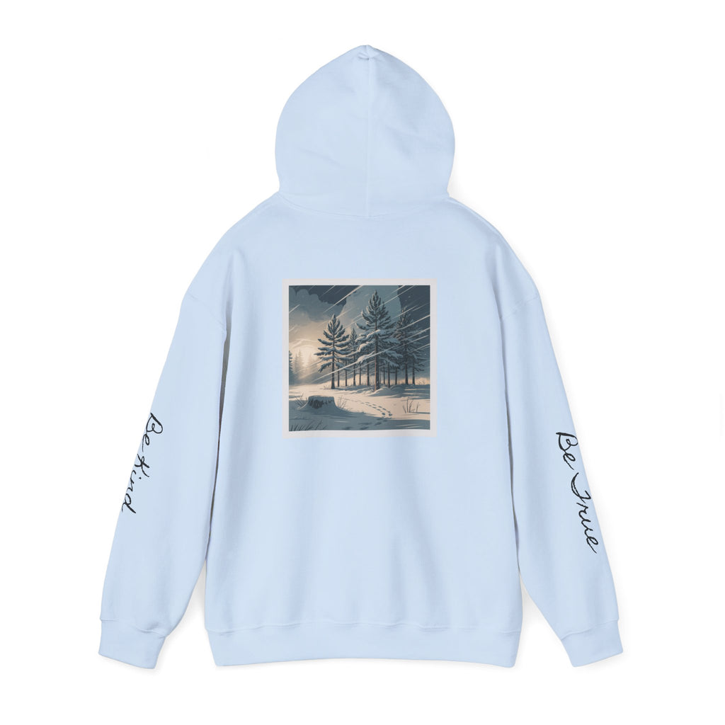 'Joyful' Winter Thick Hoodie — Scenic Pine Forest Graphic Hoodie with 'joyful' Script & Sleeve Mantras/Affirmations ('Be Kind', 'Be True')