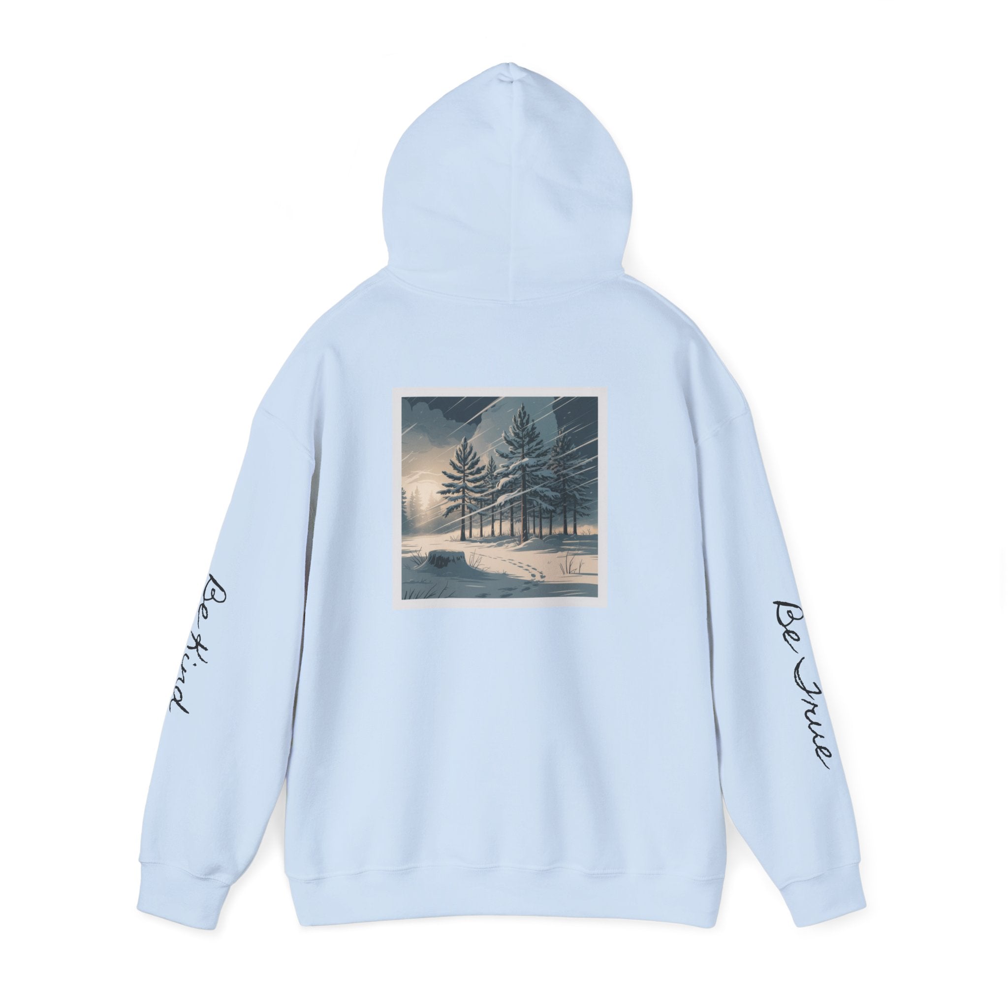 'Joyful' Winter Thick Hoodie — Scenic Pine Forest Graphic Hoodie with 'joyful' Script & Sleeve Mantras/Affirmations ('Be Kind', 'Be True')