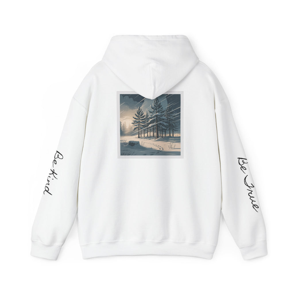 'Joyful' Winter Thick Hoodie — Scenic Pine Forest Graphic Hoodie with 'joyful' Script & Sleeve Mantras/Affirmations ('Be Kind', 'Be True')