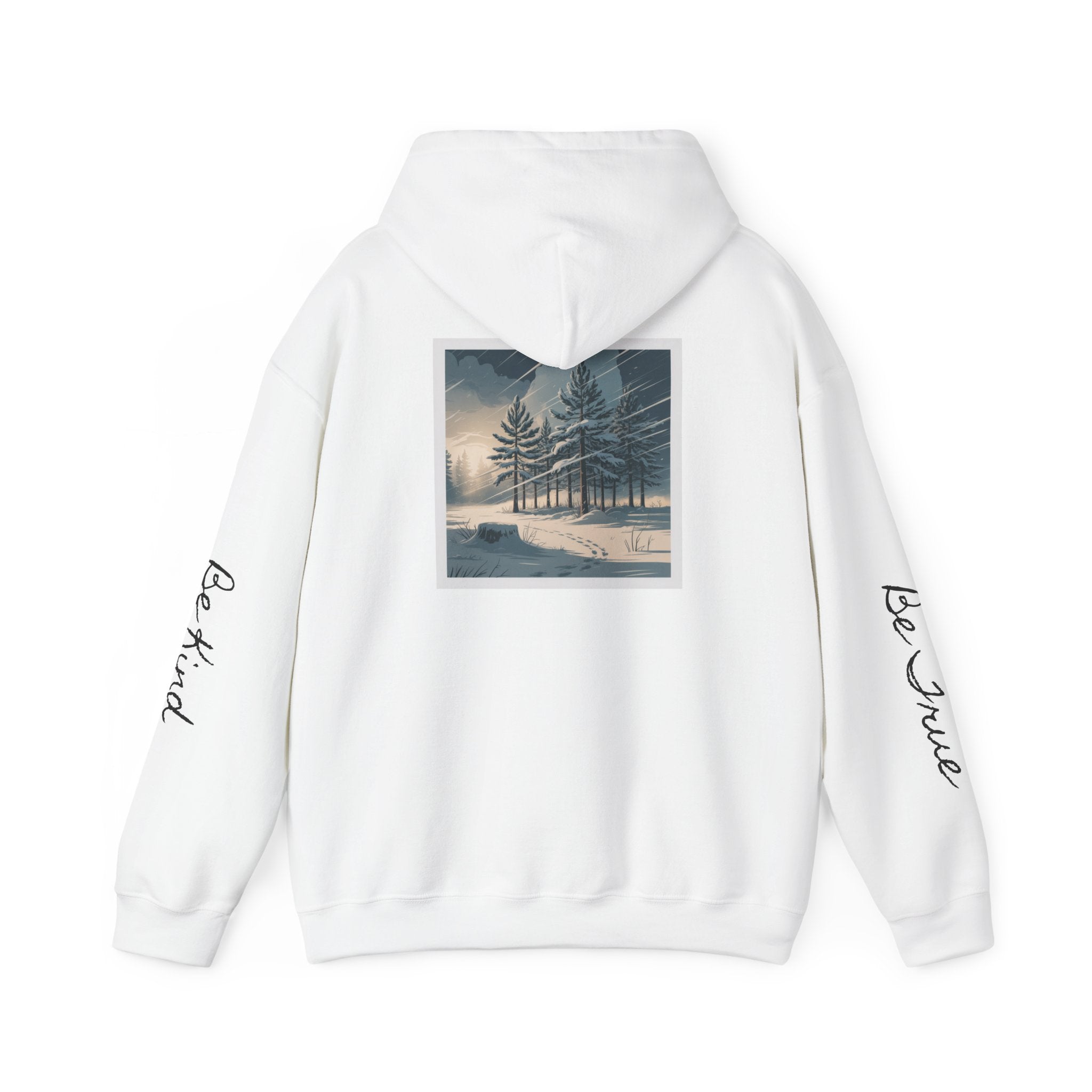 'Joyful' Winter Thick Hoodie — Scenic Pine Forest Graphic Hoodie with 'joyful' Script & Sleeve Mantras/Affirmations ('Be Kind', 'Be True')